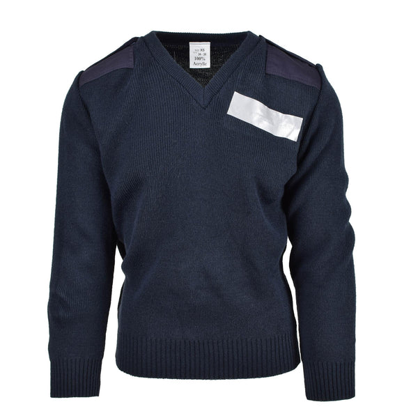 Oryginalny Brytyjska Ex Police Service Pullover Commero Jumper Blue V-Neck Sweter