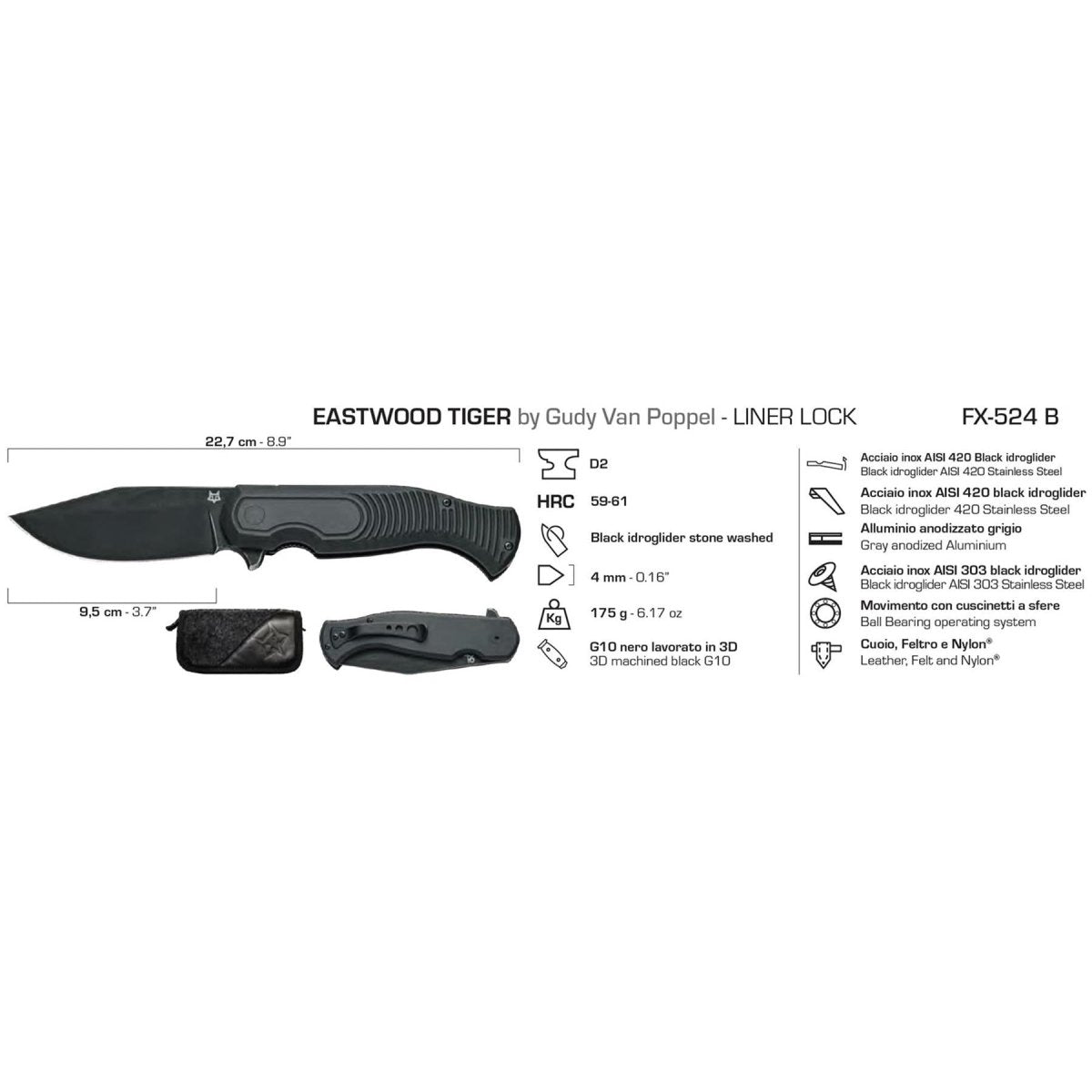 Nóż kieszonkowy Fox Knives EASTWOOD TIGER ze stali szybkotnącej D2 G10 w kolorze czarnym, taktyczny