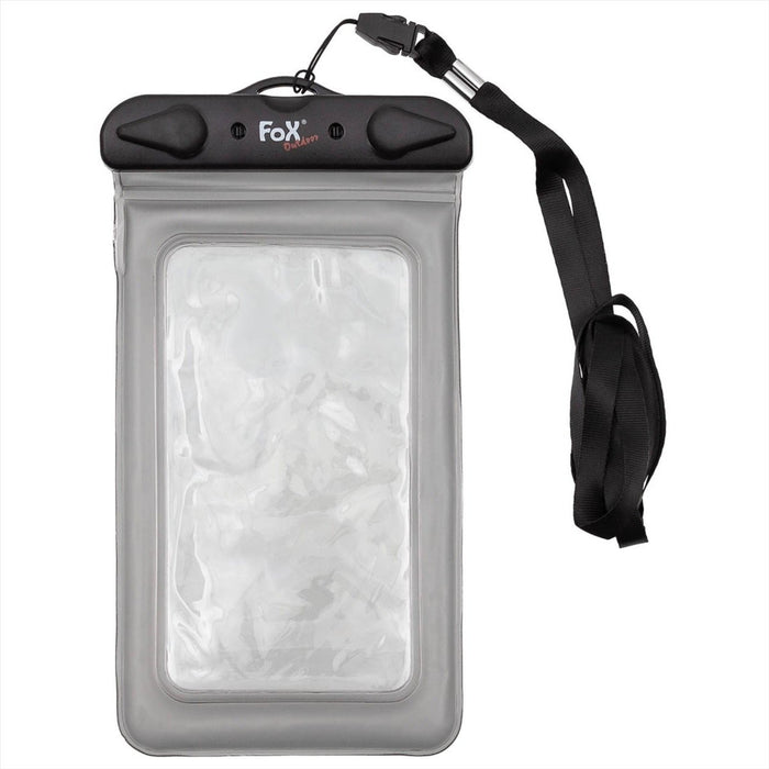 Fox Outdoor transparent waterproof smartphone bag with dust-tight closure and black adjustable neck strap for outdoor protection