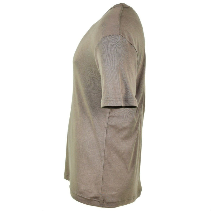 Side view of genuine Austrian army short sleeve khaki cotton T-shirt designed for comfort and breathability