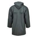 Back view of genuine Belgian army waterproof rain jacket in olive green with hood and long sleeves