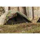 Genuine Belgian military two-person waterproof tent set up in forest with ripstop camouflage fabric and sturdy poles.