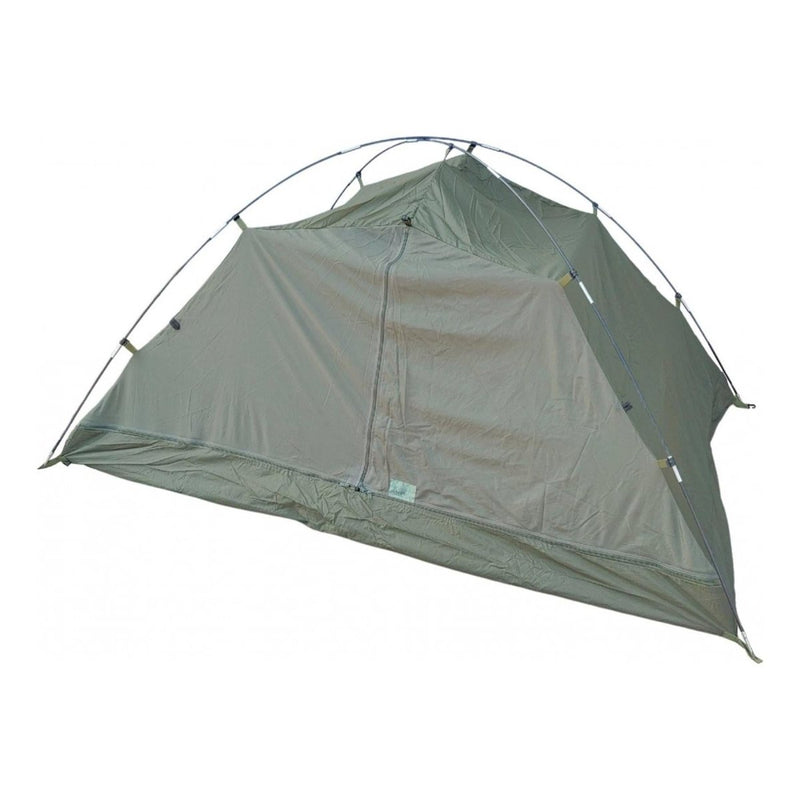 Genuine Belgian military two-person waterproof ripstop tent with poles, designed for durability and easy setup.