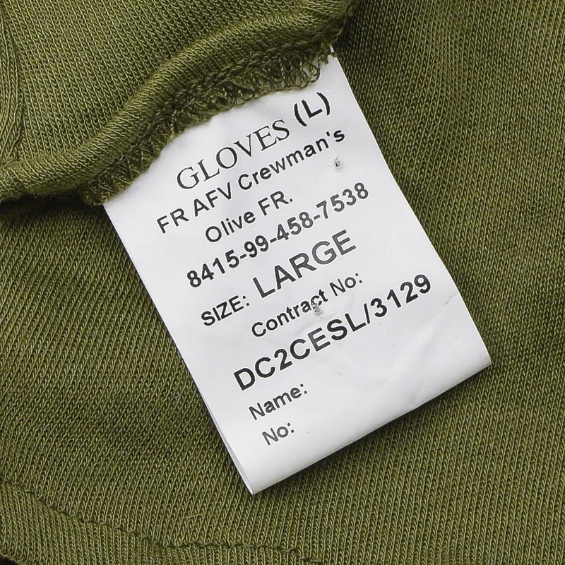 Close-up of label inside olive green British Army fire resistant gloves, size large, military contract details visible