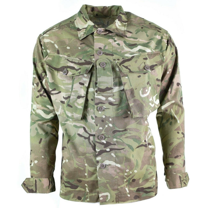 Genuine British Army combat field jacket in MTP camouflage with buttoned cuffs and chest pockets, lightweight polycotton blend.