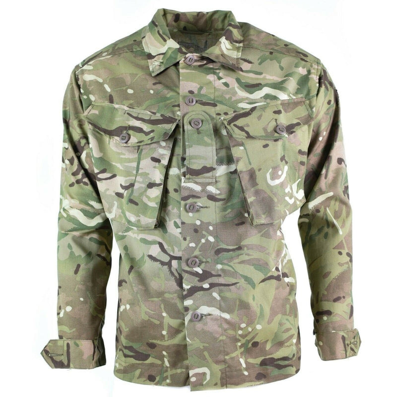 Genuine British Army combat field jacket in MTP camouflage with buttoned cuffs and chest pockets, lightweight polycotton blend.
