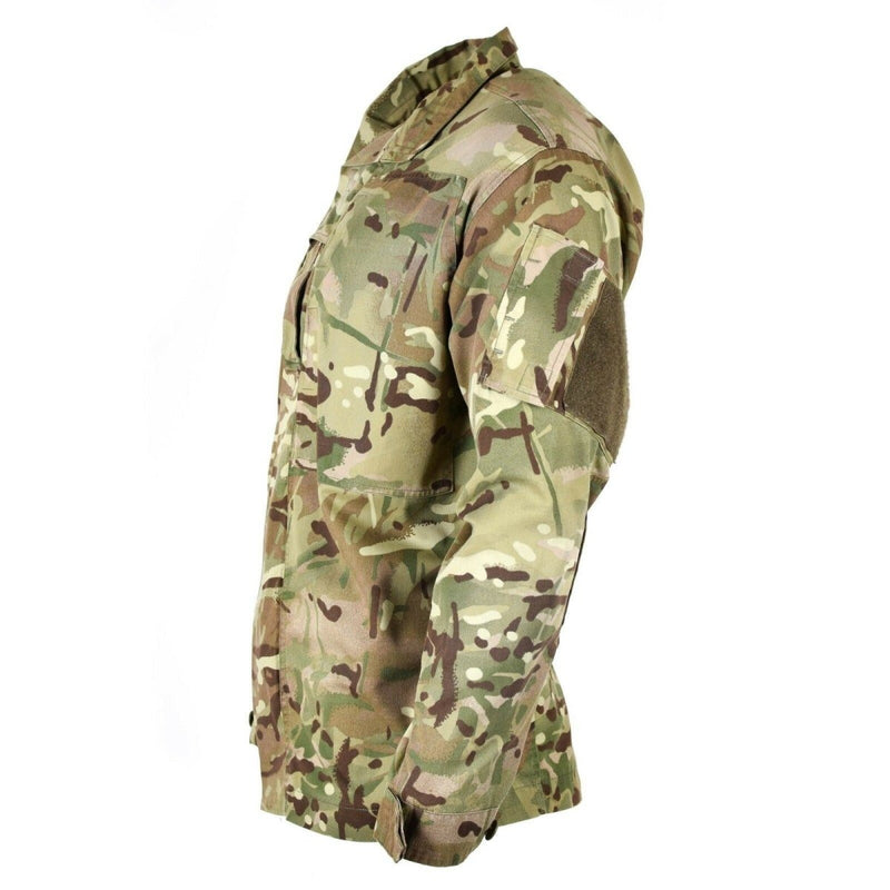 British Army issue MTP field jacket in multicam pattern with chest and arm pockets, adjustable cuffs, and storm flap.