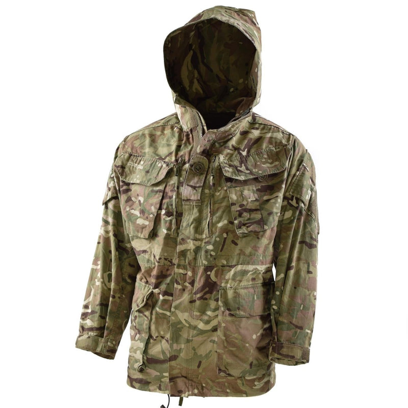 British Military MTP camouflage parka jacket with hood, four front pockets, adjustable waist, and windproof design.