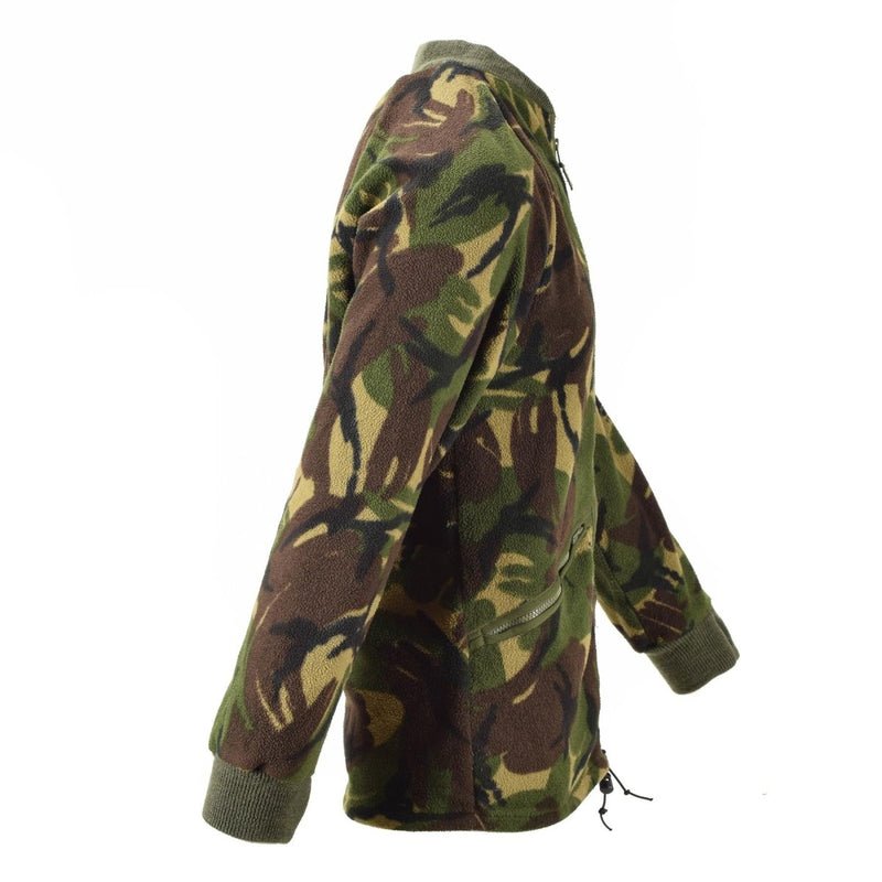 Side view of British Military thermal fleece jacket in DPM camouflage with rib-knit cuffs and adjustable hem