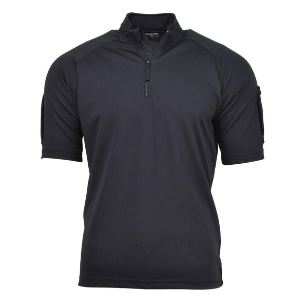 Black British police tactical polo shirt with half-zip, breathable stretch fabric, and functional design.