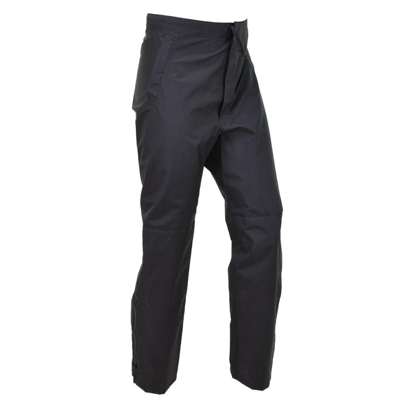 Genuine British Metropolitan police waterproof outdoor rain trousers in black, durable and adjustable with pockets.