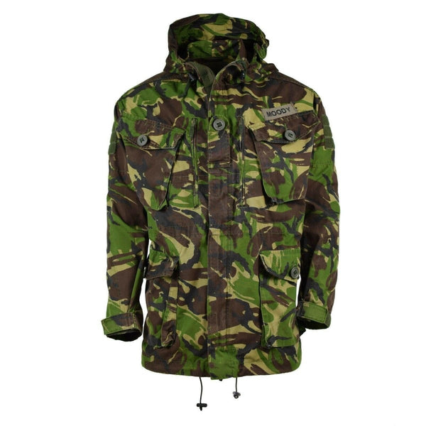 Genuine British military combat smock jacket in DPM camouflage with hood, multiple pockets, and adjustable features.