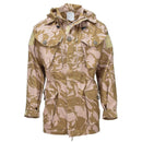 British military smock jacket with desert camouflage, flame resistant, windproof, hooded parka for rugged conditions.