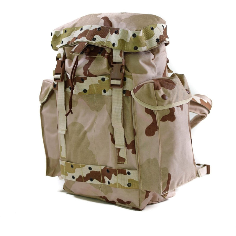 Desert camo tactical military backpack with multiple pockets, straps, and durable design for outdoor and combat use.