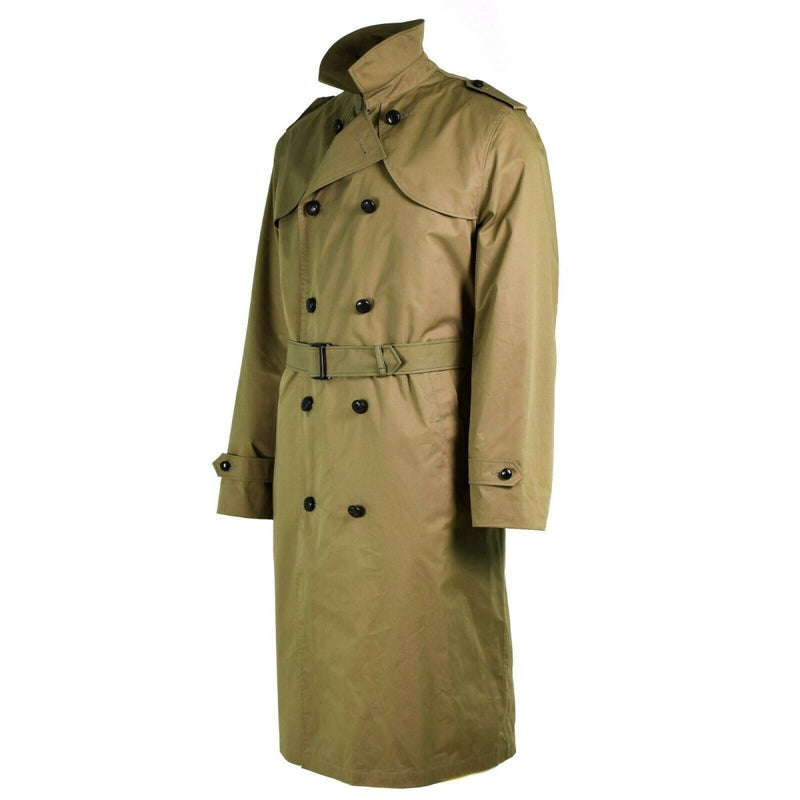 Genuine Dutch army khaki trench coat with double-breasted front, belt, and military style, durable and lined for versatility.