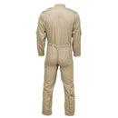 Back view of khaki Dutch army flame-resistant aramid jumpsuit with long sleeves and zippered pockets