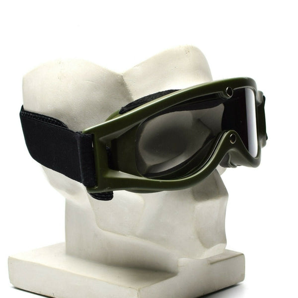 Genuine Dutch military goggles with flexible rubber frame and black adjustable strap for eye protection in various conditions
