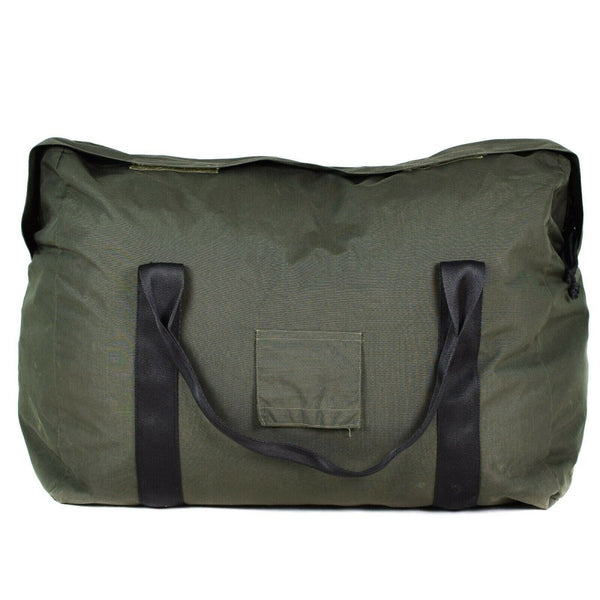 Genuine Dutch army olive green sleeping bag carrier pouch with black handles and zipper closure for military gear storage