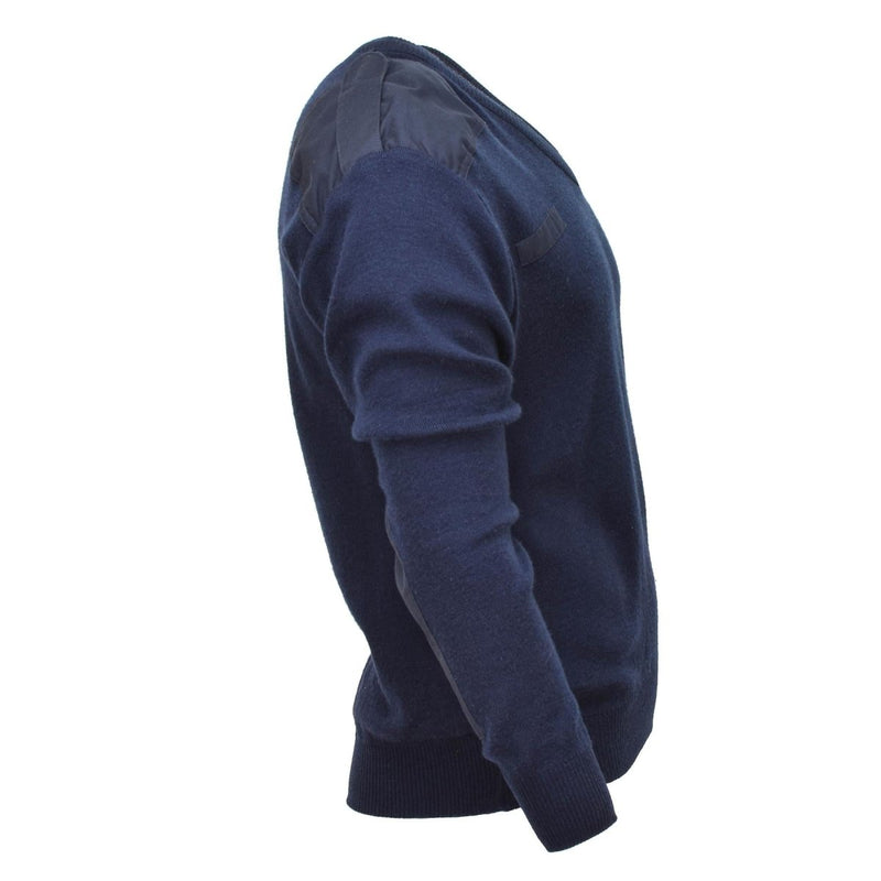 Side view of genuine Dutch army blue rib knit V-neck military surplus pullover sweater jumper