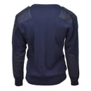 Back view of authentic Dutch army dark blue V-neck rib knit pullover sweater with reinforced shoulder and elbow patches