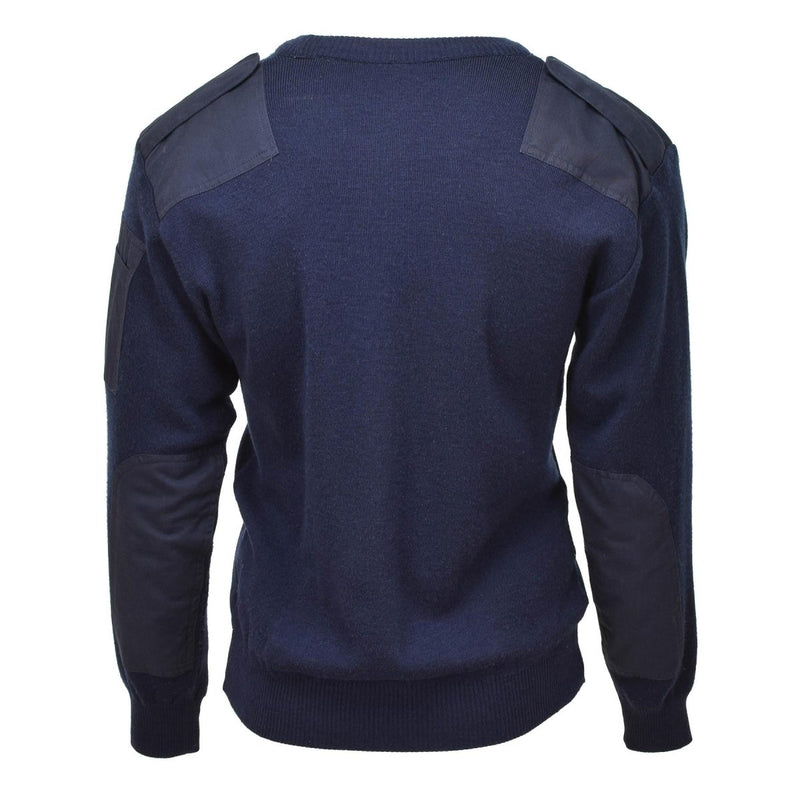 Back view of authentic Dutch army dark blue V-neck rib knit pullover sweater with reinforced shoulder and elbow patches