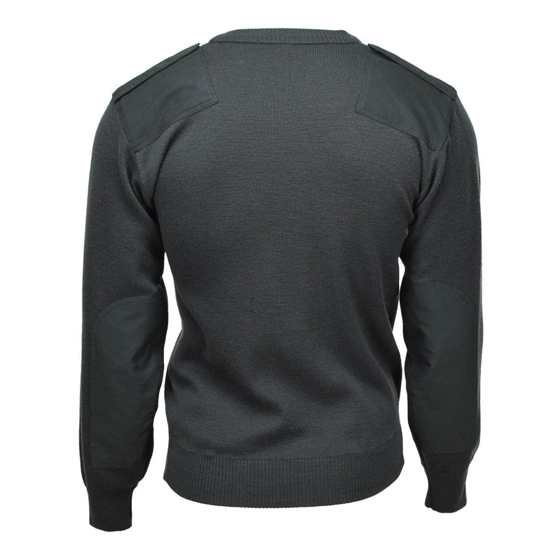 Back view of a dark green Genuine Dutch Army Commando Jumper V-neck military sweater pullover with shoulder and elbow patches.
