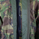 Close-up of zipper and fabric details on Genuine Dutch Army Waterproof Bi-Laminated Combat Parka in DPM Camouflage