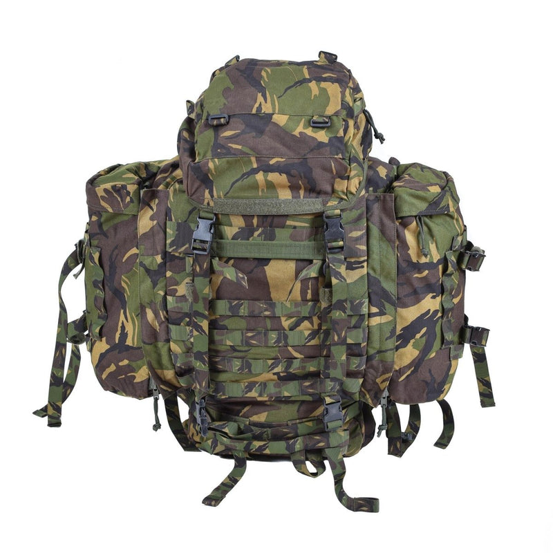 Genuine Dutch Military 60L DPM camouflage backpack with removable side pockets and padded straps for tactical use.