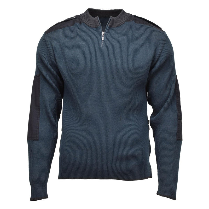 Genuine Dutch military surplus blue troyer pullover sweater with quarter zip and reinforced elbow patches.