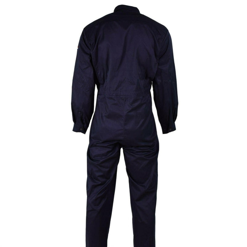 Back view of genuine Dutch navy blue military coverall jumpsuit with long sleeves and durable fabric