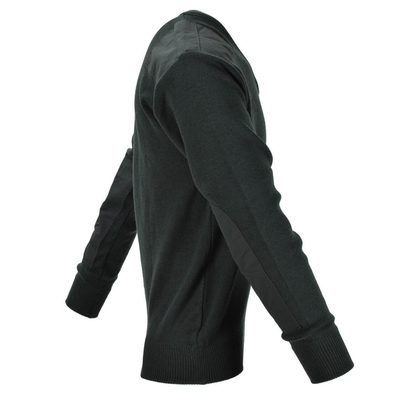 Dark green Dutch Army V-neck pullover sweater with reinforced elbow patches, designed for durability and comfort.