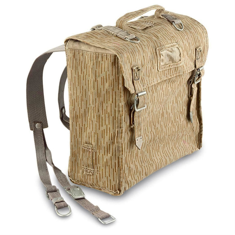 Genuine East German Army NVA rucksack with raindrop camo, durable cotton blend, and adjustable shoulder straps.