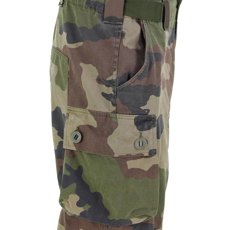Close-up of Genuine French Army FELIN CCE camo combat pants with ripstop fabric and cargo pocket detail.
