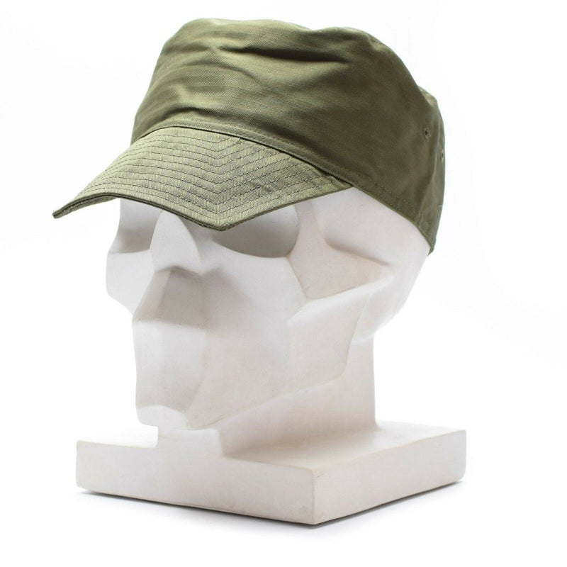 Olive green lightweight French Army F1 field cap with visor and vent holes displayed on white mannequin head