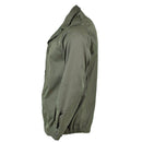 Side view of Genuine French Army F2 combat jacket in olive drab with adjustable cuffs and durable stitching