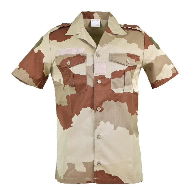 Genuine French Army F2 desert camo short sleeve military surplus shirt with chest pockets and epaulets.