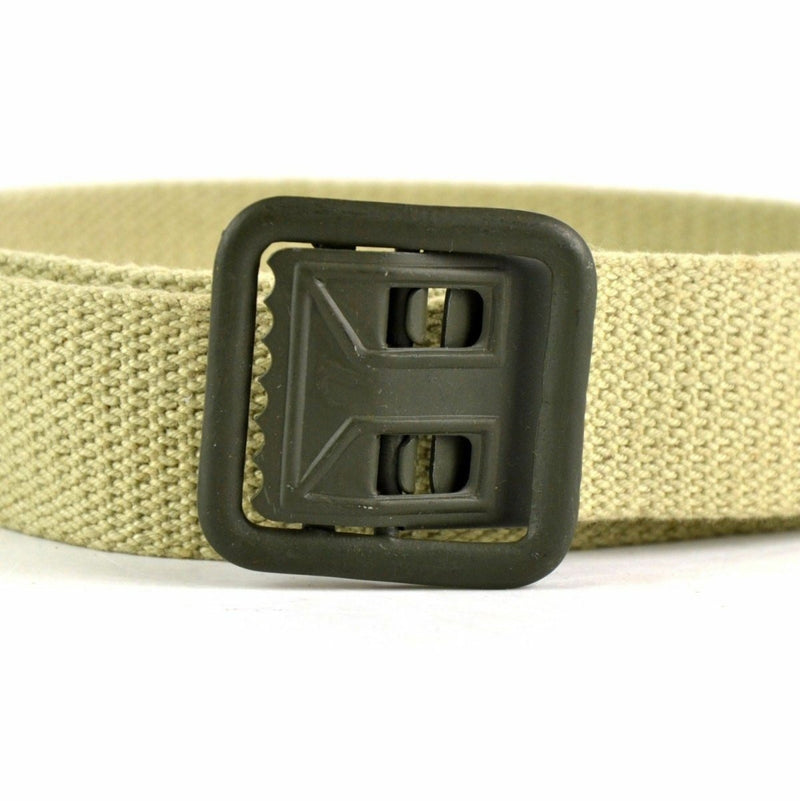 Close-up of a genuine French military canvas belt in sand khaki with an olive metal buckle and durable webbing.