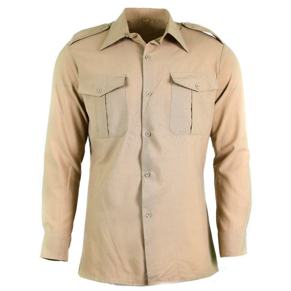 Beige genuine French army fatigue shirt with chest pockets and epaulettes, durable poly wool military design new condition.
