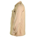 Side view of beige Czech military style long sleeve shirt with chest pockets and epaulettes in durable poly wool fabric
