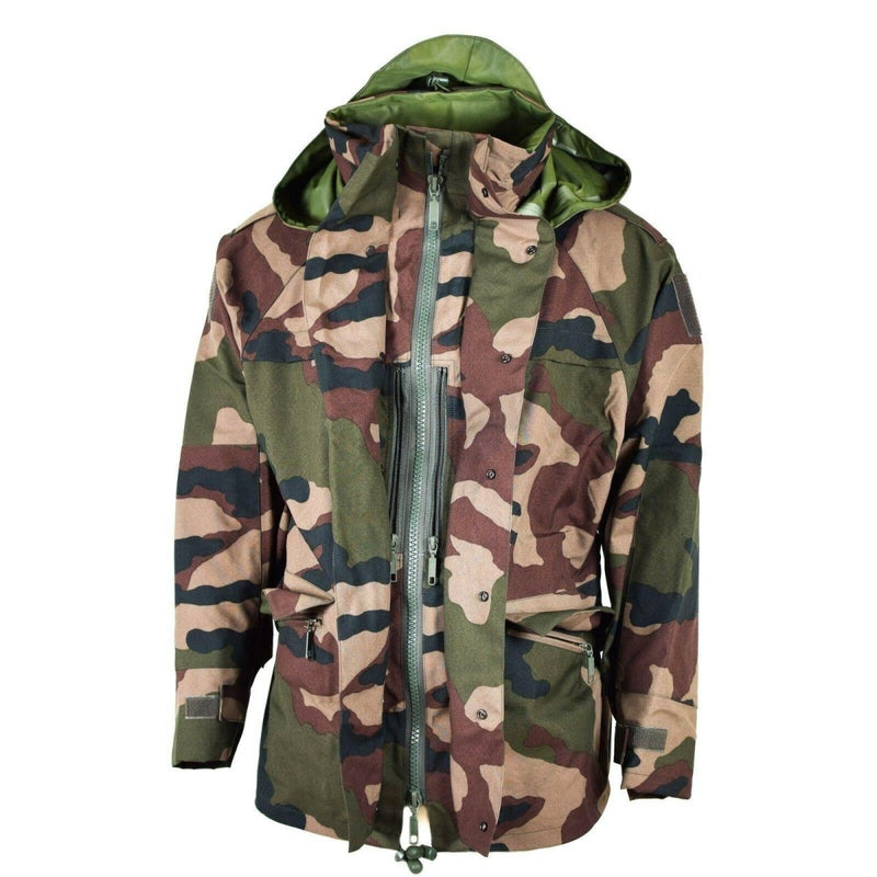 Genuine French Army waterproof trilaminate camo jacket with hood and double storm flap for rain protection