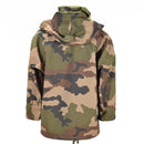 Back view of genuine French army waterproof trilaminate camo jacket with hooded rain parka design