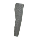 Side view of gray genuine French military air forces cargo pants with reinforced knees and multiple pockets