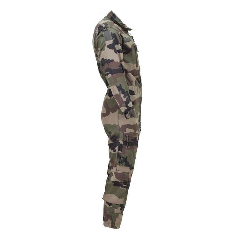 Side view of genuine French military CCE camouflage coverall jumpsuit with a roomy fit and durable fabric.