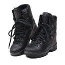 Pair of black Genuine French Military Felin ranger boots with Gore-Tex lining and durable traction sole.