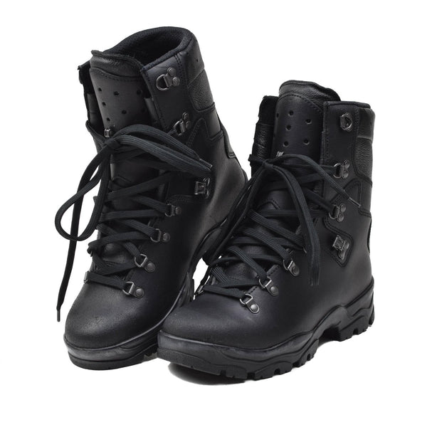 Pair of black Genuine French Military Felin ranger boots with Gore-Tex lining and durable traction sole.