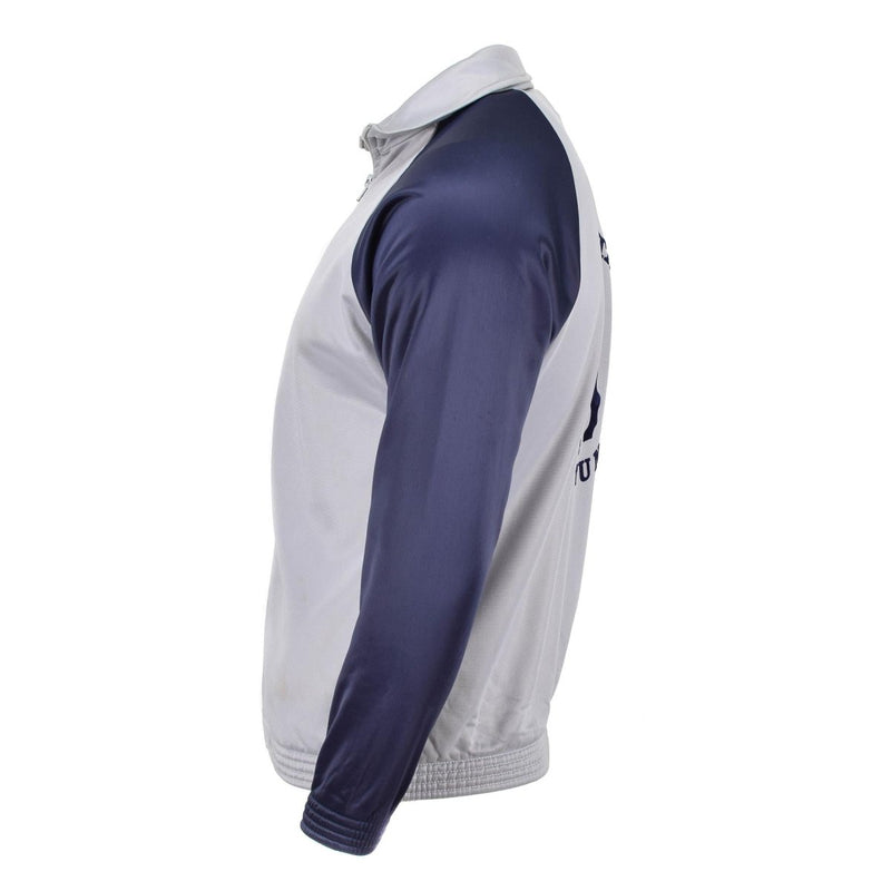 Side view of genuine French military school sweatshirt with grey body and navy blue sleeves, elastic cuffs and waistband