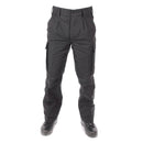 Front view of genuine German Army black moleskin cargo pants with belt loops and secure pockets on a white background