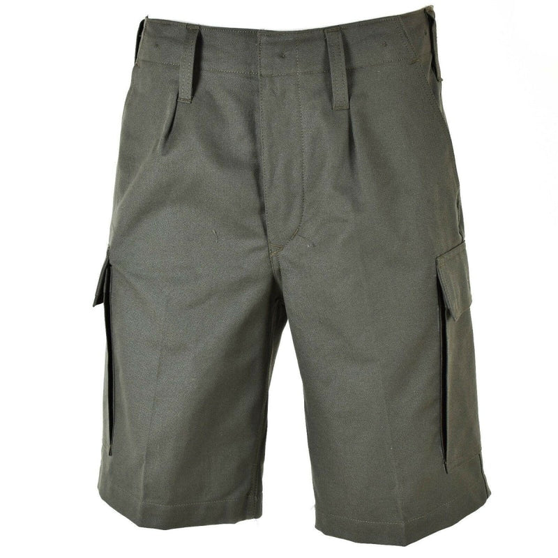Genuine German army issue olive moleskin cargo shorts with durable fabric and multiple pockets for outdoor use.
