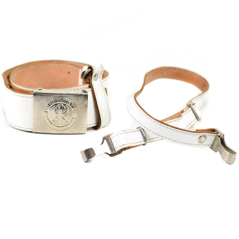 Vintage genuine German military police white leather parade belt with metal buckle and shoulder strap on white background