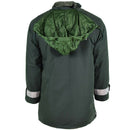 Back view of genuine German police GoreTex green waterproof BGS parka with hood and reflective cuffs
